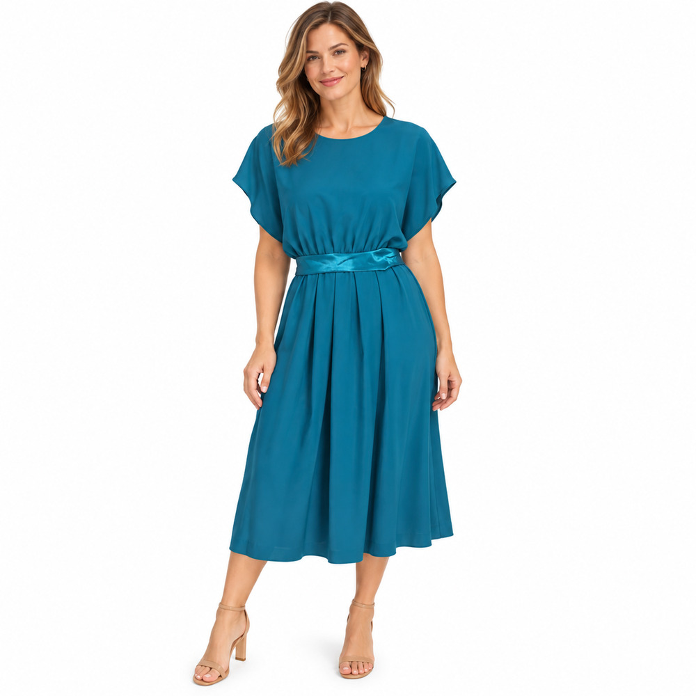 Caron Petite Vintage Teal Blue Dolman Sleeve Midi 80s USA Made Dress Belted sz 6